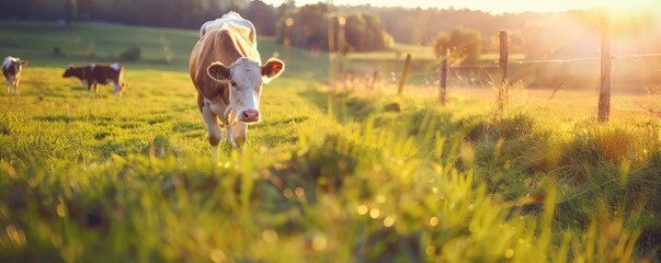 Wall Mural - Beautiful adult cows on a green meadow on a sunny day.