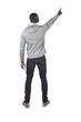 back view of a man pointing up on white background