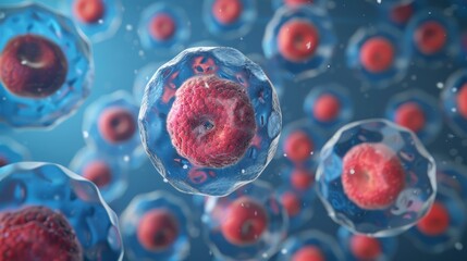 Human cell structure under the microscope, illustrating the complex organization of the nucleus, organelles, and plasma membrane. Essential for understanding cellular biology