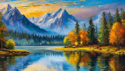 Wall Mural - Oil painting of beautiful lake landscape with mountains and green nature. Sky with clouds.