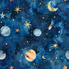 Seamless pattern outer space stars and planets in night sky art illustration watercolor fun hand drawn bold minimalist kids style 