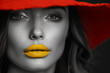 A woman with a red hat and yellow lipstick