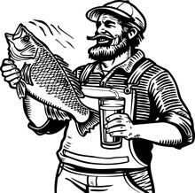 A Cheerful Fisherman With His Catch And A Beer, Ideal For Seafood Restaurants And Fishing-themed Bars