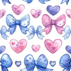 Wall Mural - Watercolor bow and hearts, seamless pattern, romantic light whisperss. Seamless Pattern, Fabric Pattern, Tumbler Wrap, Mug Wrap.