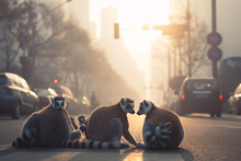 Ring-tailed Lemurs Gather On A City Street At Sunrise. Climate Change