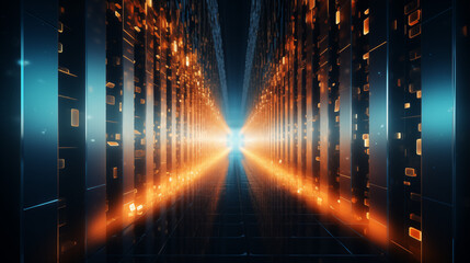 Futuristic Data Stream Corridor with Warm Light at the End
