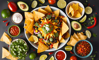 Wall Mural - Fresh mexican food with nachos, ingredients for cooking mexican dishes with empty copy space,