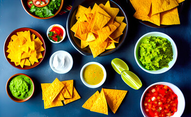 Wall Mural - Fresh mexican food with nachos, ingredients for cooking mexican dishes with empty copy space,