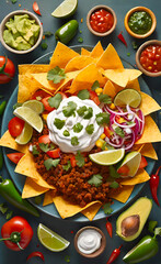 Poster - Fresh mexican food with nachos, ingredients for cooking mexican dishes with empty copy space,