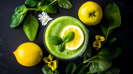 Top view of a nutrient-packed green smoothie with crisp apple and lemon, ready to energize.