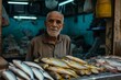 Colorful Arabian fish seller market. Eastern fisherman trading seafood on bazaar. Generate ai