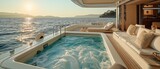 Fototapeta Zachód słońca - outdoor jacuzzi pool with ocean view at hotel, luxurious living concept, Generative Ai