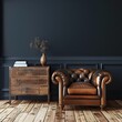 Contemporary Comfort: Stylish Living Room with Leather Armchair and Dark Blue Accent Wall