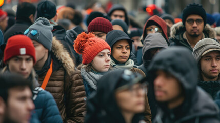 Crowd of diverse individuals navigating a city street, moving in unison with purpose and direction