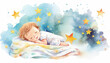 A little boy is sleeping in bed with a star next to him