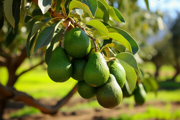 Fresh Avocado Cluster Hanging on Tree in Orchard