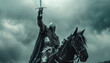 A knight on horseback is wearing a suit of armor and holding a sword