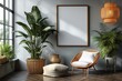 mockup design blank photo frame hanging on wall at cozy living room, boho style interior room with sunlight, light and shadow play, Generative Ai  