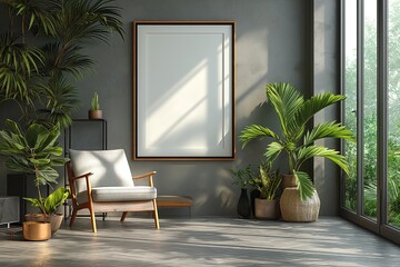 Wall Mural - mockup design blank photo frame hanging on wall at cozy living room, boho style interior room with sunlight, light and shadow play, Generative Ai  