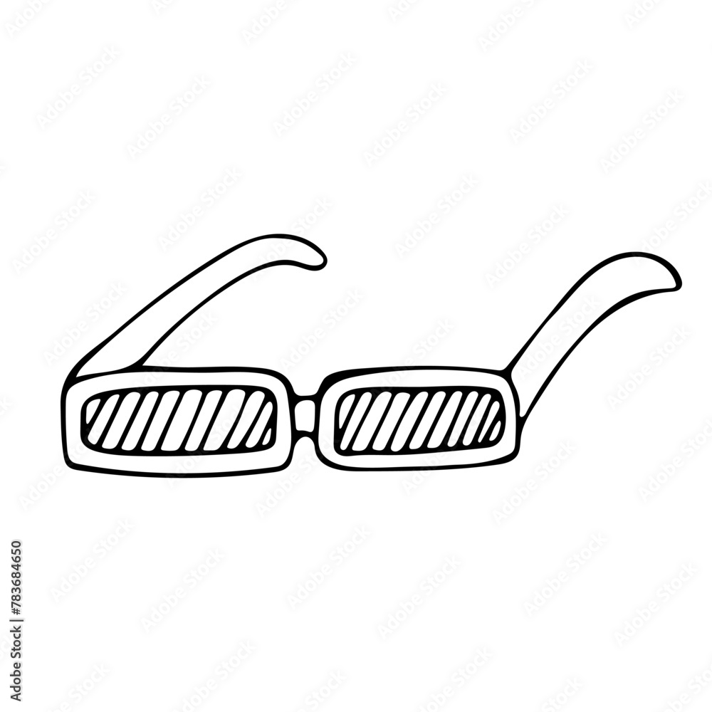 Stylish rectangular simple sunglasses for summer walks outside, for traveling to hot countries. Eye protection in summer. Hand drawing.Black line doodle vector illustration. Isolated on white back.