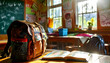 Student backpack and notebook in a school Classroom on study desk after educational lecture class