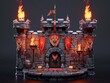 A medieval castle podium, with torches and banners, for fantasythemed merchandise