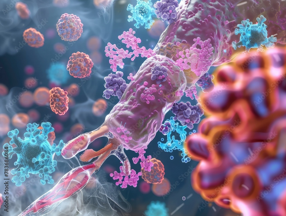 A detailed 3D scene of the human respiratory tract infected with Streptococcus pneumoniae.