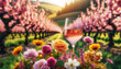 Closeup of a rose wine glass, vibrant vineyard landscape during spring bloom