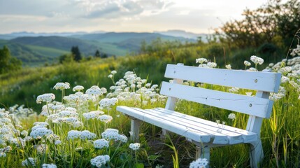 White bench on hill top with white flower foreground