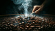 Zoomed-in view of coffee beans being roasted, smoke gently rising, capturing the transformation
