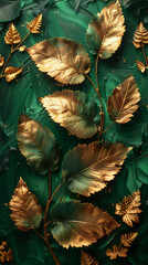Wall Mural - Petal pattern with golden leaves on green background