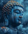 Blue buddha statue with clouds in background