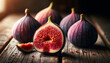 Close-up of fresh figs on a rustic wooden table, showcasing their ripe purple skin and vibrant red interior