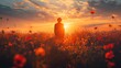 natural beauty scenery of a man standing in poppy flowers blossoming field against sunburst light at morning time, generative Ai	