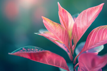 Wall Mural - Vibrant Red Leaves of a Tropical Plant with Soft Bokeh Background