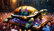 Turtle on a background of precious stones. 3D rendering.