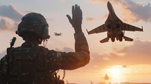 Soldier Waving To Flying Fighter Jet