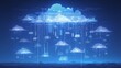 A digital illustration of cloud computing technology with glowing clouds and data streams