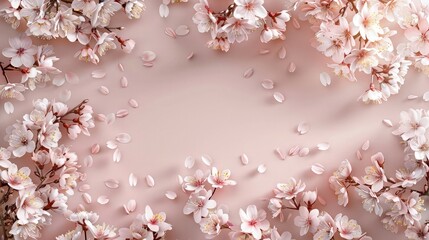 a serene spring backdrop with a panoramic view of a tranquil cherry blossom garden. Position a cluster of sakura trees on one side of the image, allowing their blossoms to gracefully cascade downwards