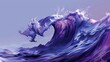 A gamer effortlessly rides an ancient wave in a deep periwinkle and soft lilac abstract background, creating a minimalist, negative space focused image.