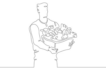 Farmer with products. A man carries a box of vegetables and herbs. Farmer with eco products.One continuous line . Line art. Minimal single line.White background. One line drawing.