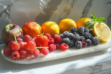 Wall Mural - Fresh Assorted Fruits on Marble Background with Natural Light