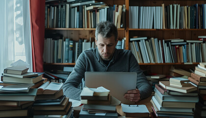 a man is sitting at a desk with a laptop and a pile of books