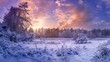 winter panorama landscape with forest, trees covered snow and sunrise. winterly morning of a new day.