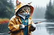 close-up portrait of a cat in a jacket with a fishing rod