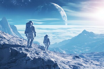 Wall Mural - Determined Astronauts exploring planet. Future cosmos. Generate Ai