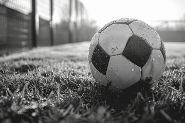 Monochrome Image of Soccer Ball on Dewy Grass Field at Dawn