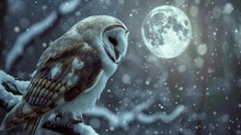 Owl In Snowy Night, Feather Anatomy Detail In Vector, Full Moon Anatomy Glow, White Background