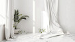 A minimalist interior with a white room and a tropical flower in a vase