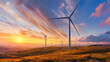At sunset, a cluster of wind turbines stands tall in a vast field, their blades rotating gracefully against the colorful sky.